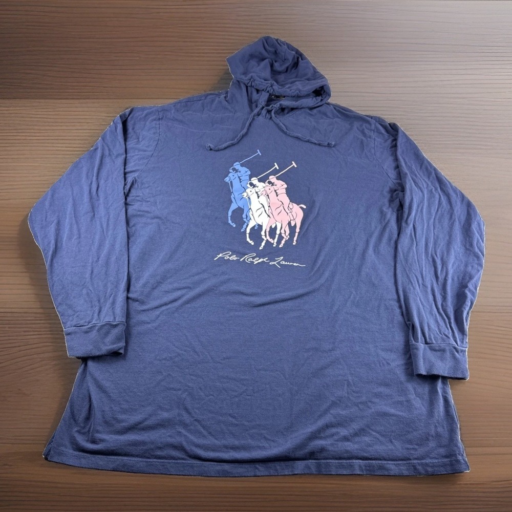 Polo Ralph Lauren Hoodie Mens 2XLT Blue Triple Pony Pullover Sweatshirt Sweater